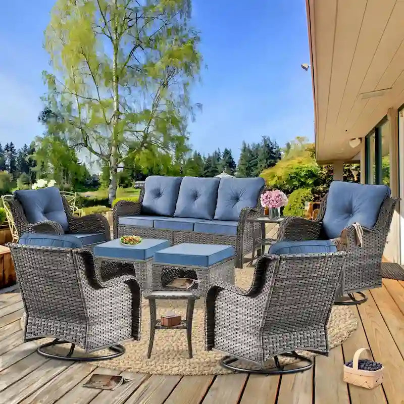 Ensemble de mobilier de jardin 9 pièces en osier avec fauteuil pivotant et ottoman