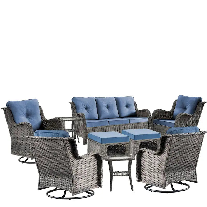 Ensemble de mobilier de jardin 9 pièces en osier avec fauteuil pivotant et ottoman