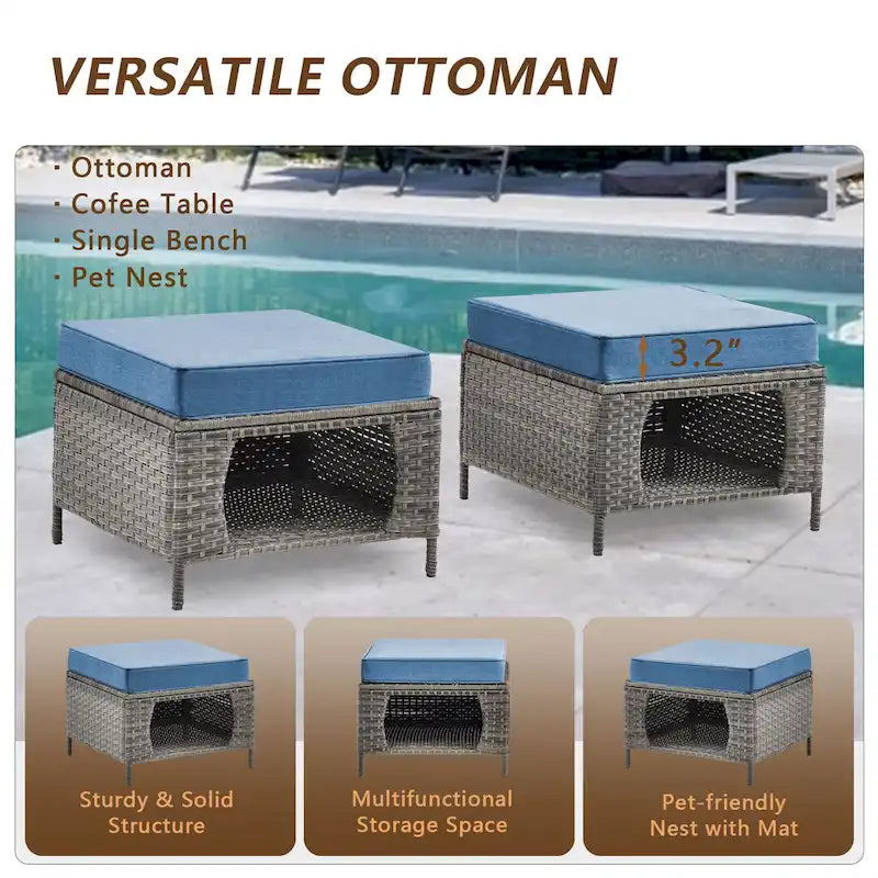 Ensemble de mobilier de jardin 9 pièces en osier avec fauteuil pivotant et ottoman