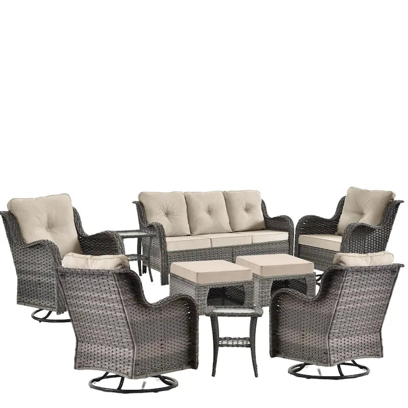 Ensemble de mobilier de jardin 9 pièces en osier avec fauteuil pivotant et ottoman