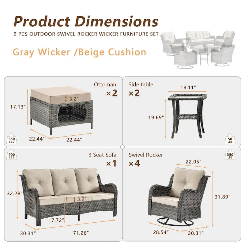 Ensemble de mobilier de jardin 9 pièces en osier avec fauteuil pivotant et ottoman