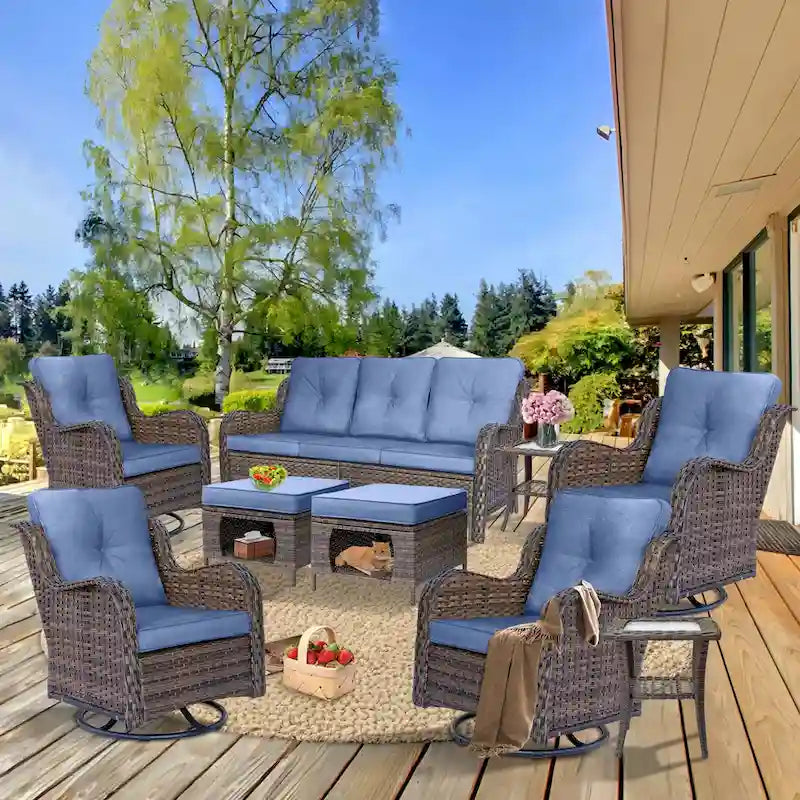 Ensemble de mobilier de jardin 9 pièces en osier avec fauteuil pivotant et ottoman