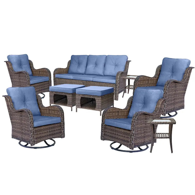Ensemble de mobilier de jardin 9 pièces en osier avec fauteuil pivotant et ottoman