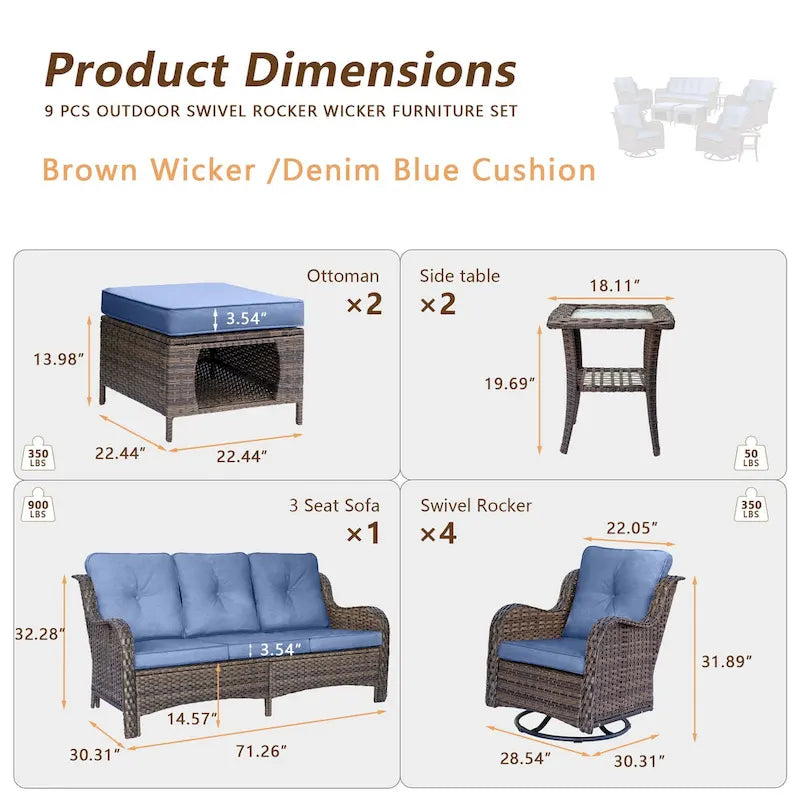 Ensemble de mobilier de jardin 9 pièces en osier avec fauteuil pivotant et ottoman