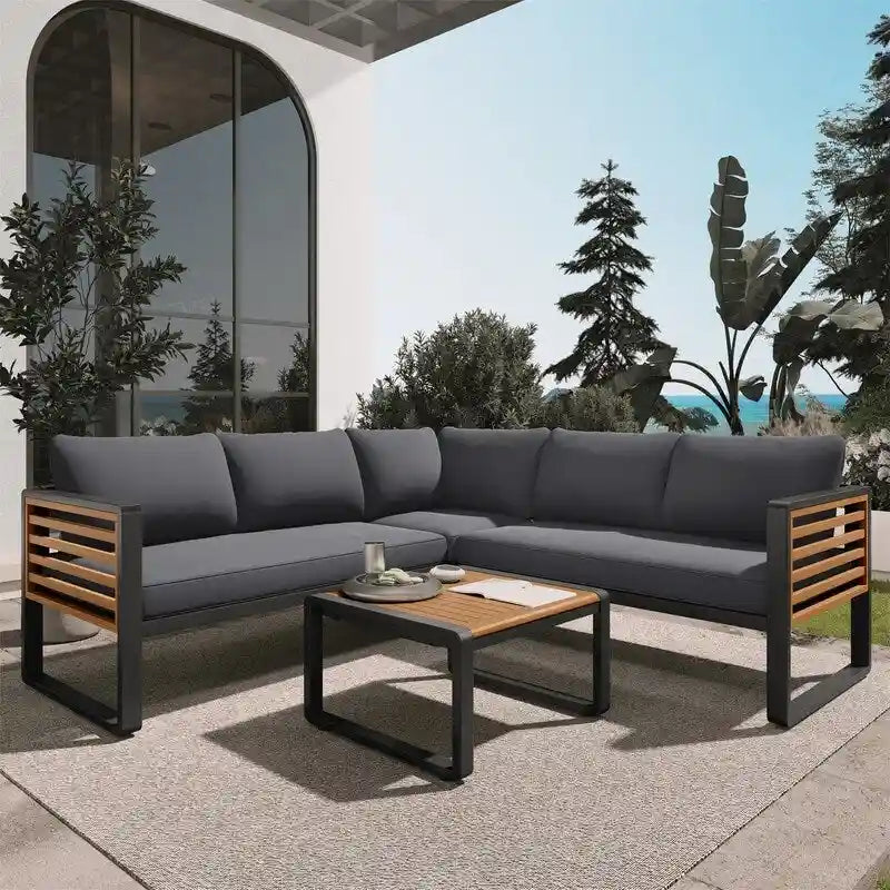 Ensemble de mobilier de patio 4 pièces avec table basse, salon de jardin en L en métal et bois avec coussins