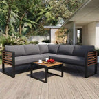 Ensemble de mobilier de patio 4 pièces avec table basse, salon de jardin en L en métal et bois avec coussins