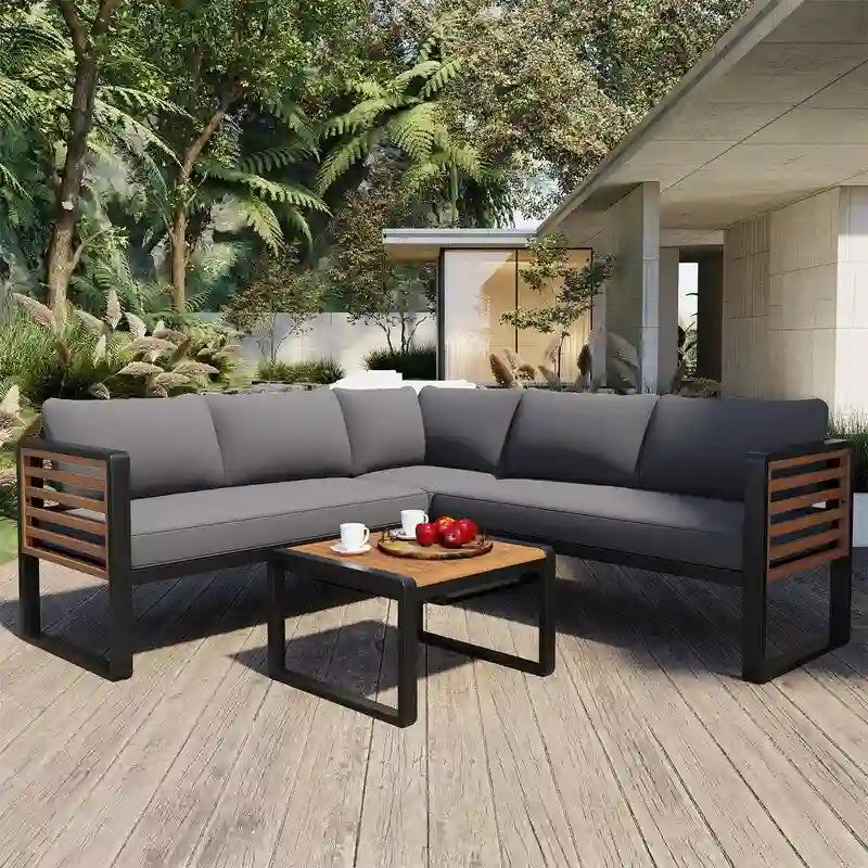 Ensemble de mobilier de patio 4 pièces avec table basse, salon de jardin en L en métal et bois avec coussins