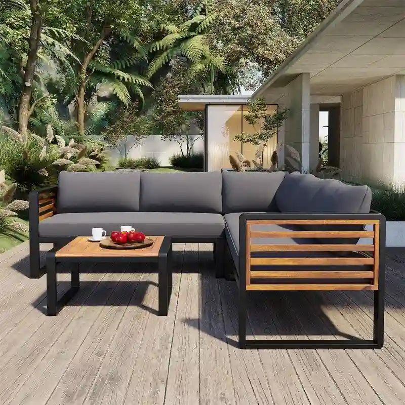 Ensemble de mobilier de patio 4 pièces avec table basse, salon de jardin en L en métal et bois avec coussins