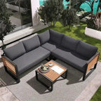Ensemble de mobilier de patio 4 pièces avec table basse, salon de jardin en L en métal et bois avec coussins