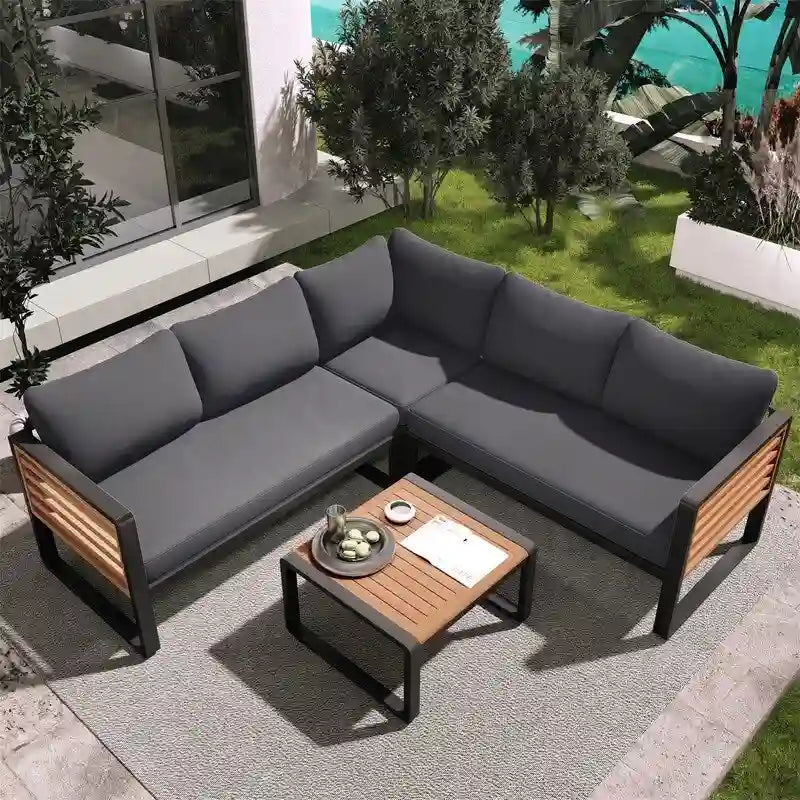 Ensemble de mobilier de patio 4 pièces avec table basse, salon de jardin en L en métal et bois avec coussins