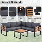 Ensemble de mobilier de patio 4 pièces avec table basse, salon de jardin en L en métal et bois avec coussins