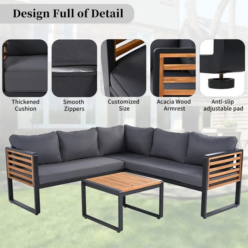 Ensemble de mobilier de patio 4 pièces avec table basse, salon de jardin en L en métal et bois avec coussins