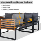 Ensemble de mobilier de patio 4 pièces avec table basse, salon de jardin en L en métal et bois avec coussins
