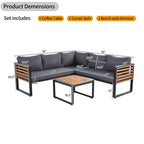 Ensemble de mobilier de patio 4 pièces avec table basse, salon de jardin en L en métal et bois avec coussins
