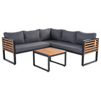 Ensemble de mobilier de patio 4 pièces avec table basse, salon de jardin en L en métal et bois avec coussins