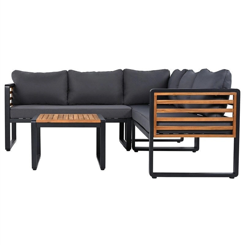 Ensemble de mobilier de patio 4 pièces avec table basse, salon de jardin en L en métal et bois avec coussins