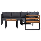 Ensemble de mobilier de patio 4 pièces avec table basse, salon de jardin en L en métal et bois avec coussins