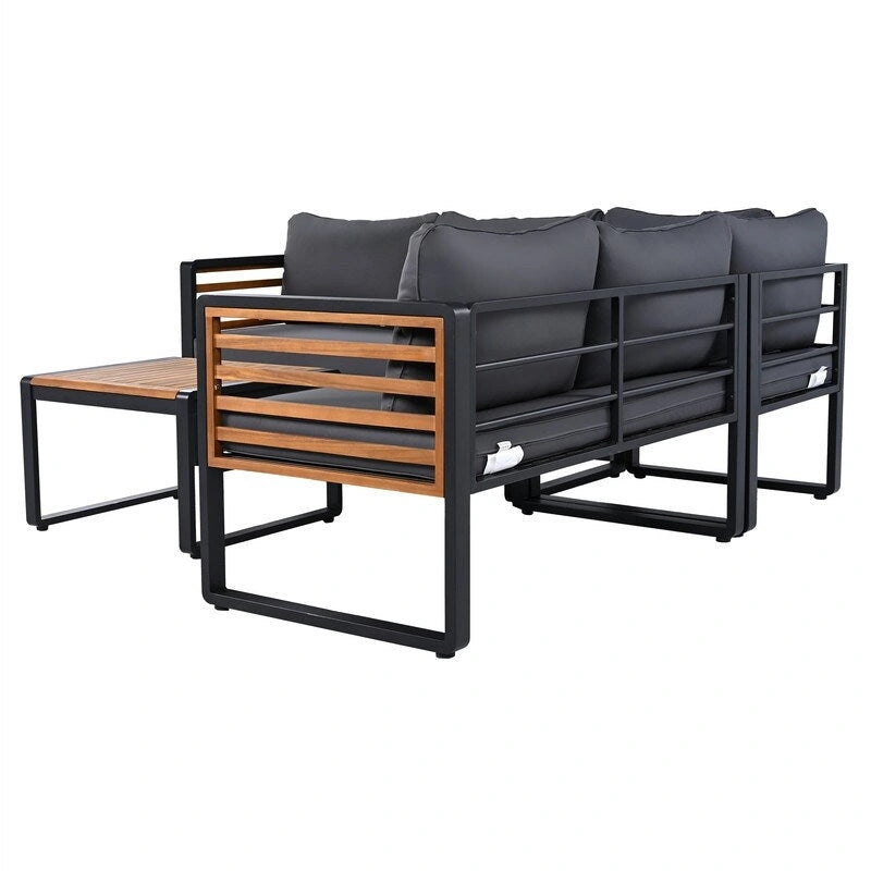 Ensemble de mobilier de patio 4 pièces avec table basse, salon de jardin en L en métal et bois avec coussins