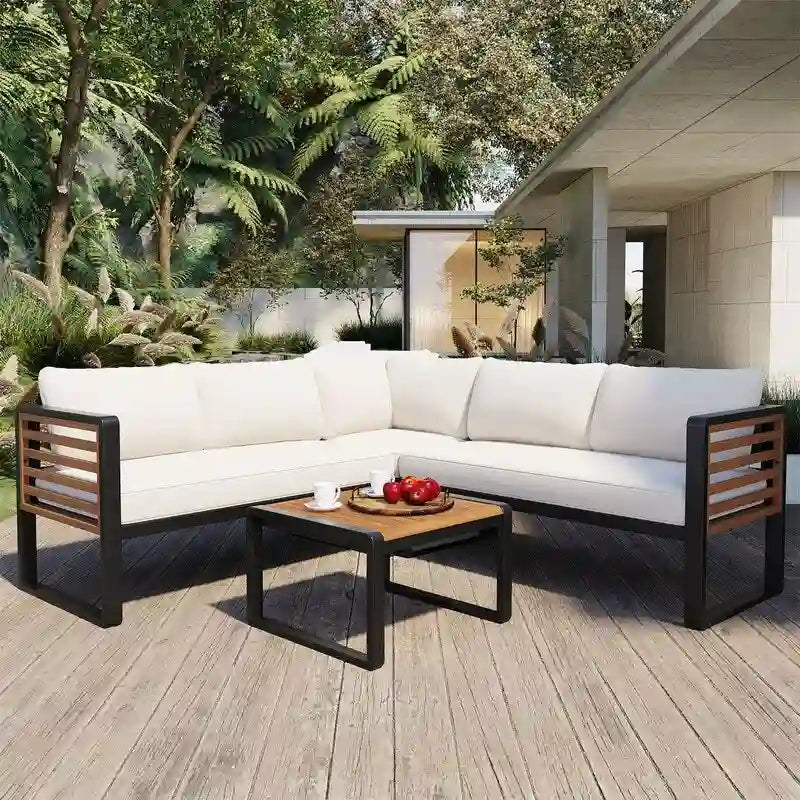 Ensemble de mobilier de patio 4 pièces avec table basse, salon de jardin en L en métal et bois avec coussins