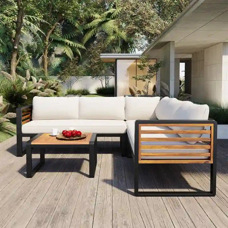 Ensemble de mobilier de patio 4 pièces avec table basse, salon de jardin en L en métal et bois avec coussins