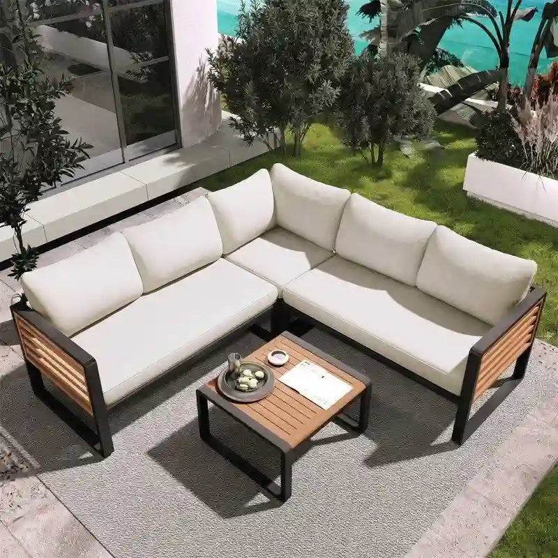 Ensemble de mobilier de patio 4 pièces avec table basse, salon de jardin en L en métal et bois avec coussins