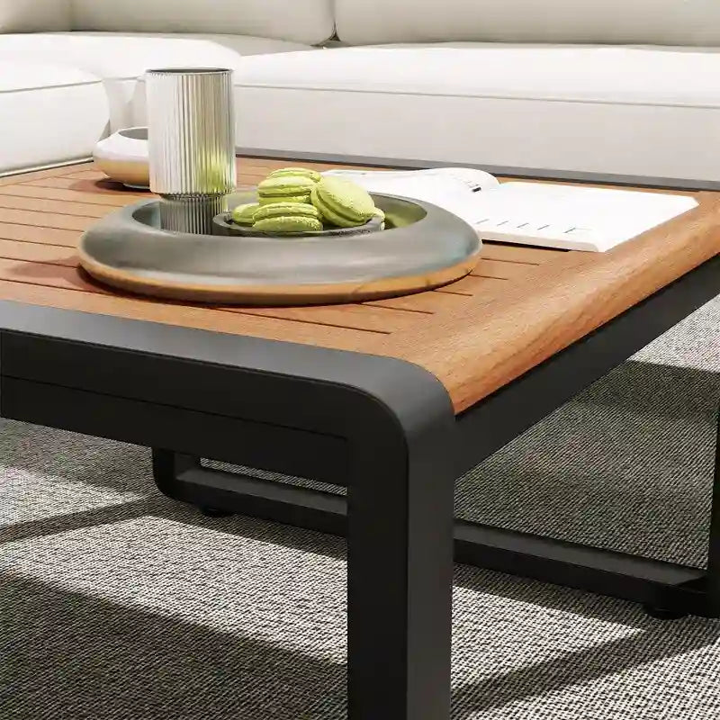 Ensemble de mobilier de patio 4 pièces avec table basse, salon de jardin en L en métal et bois avec coussins