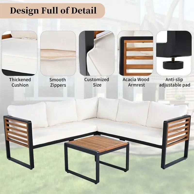 Ensemble de mobilier de patio 4 pièces avec table basse, salon de jardin en L en métal et bois avec coussins