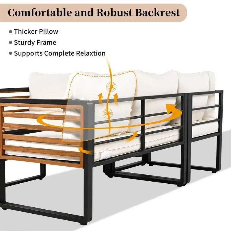 Ensemble de mobilier de patio 4 pièces avec table basse, salon de jardin en L en métal et bois avec coussins