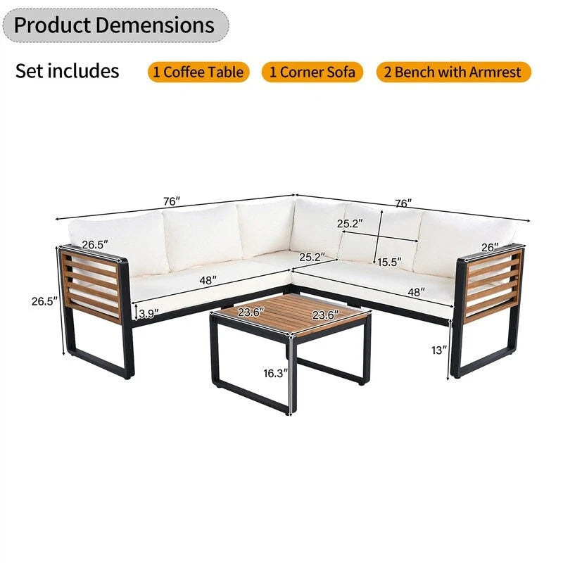 Ensemble de mobilier de patio 4 pièces avec table basse, salon de jardin en L en métal et bois avec coussins