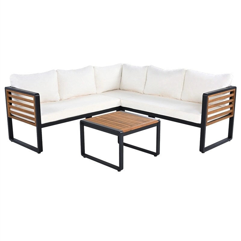 Ensemble de mobilier de patio 4 pièces avec table basse, salon de jardin en L en métal et bois avec coussins