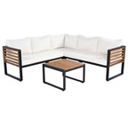 Ensemble de mobilier de patio 4 pièces avec table basse, salon de jardin en L en métal et bois avec coussins