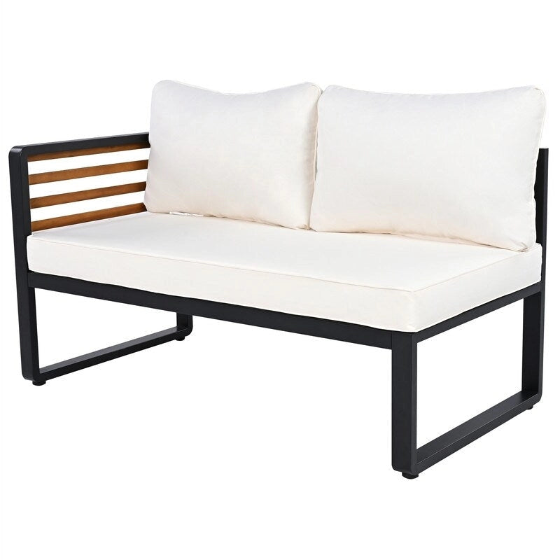 Ensemble de mobilier de patio 4 pièces avec table basse, salon de jardin en L en métal et bois avec coussins