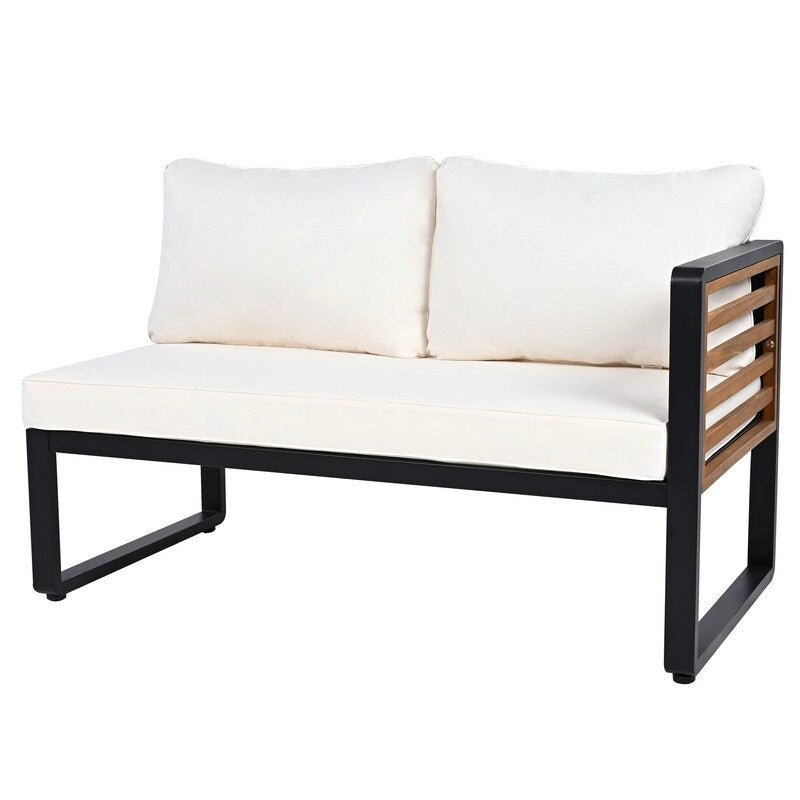 Ensemble de mobilier de patio 4 pièces avec table basse, salon de jardin en L en métal et bois avec coussins