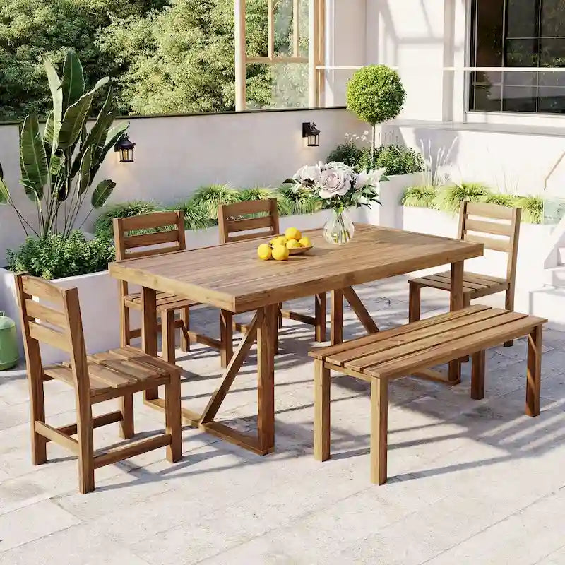 Table et chaises d'extérieur en bois d'acacia avec 4 chaises et un banc, salon de jardin 6 pièces adapté à une terrasse de 7 pièces