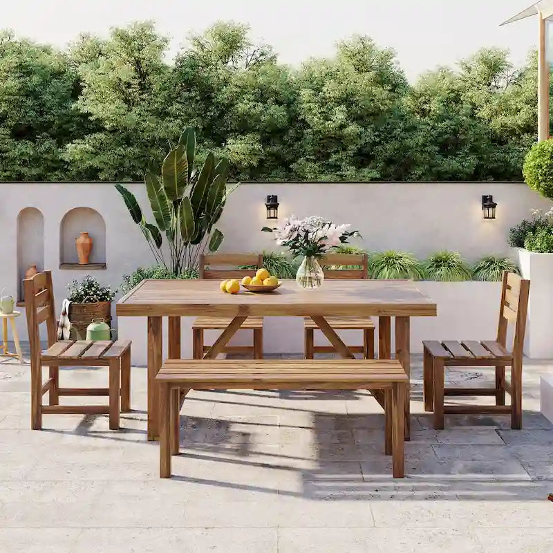 Table et chaises d'extérieur en bois d'acacia avec 4 chaises et un banc, salon de jardin 6 pièces adapté à une terrasse de 7 pièces