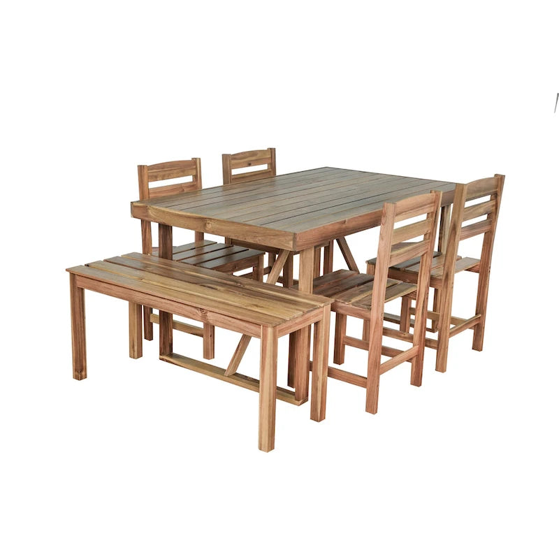 Table et chaises d'extérieur en bois d'acacia avec 4 chaises et un banc, salon de jardin 6 pièces adapté à une terrasse de 7 pièces