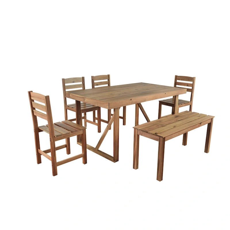 Table et chaises d'extérieur en bois d'acacia avec 4 chaises et un banc, salon de jardin 6 pièces adapté à une terrasse de 7 pièces