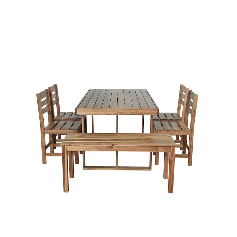 Table et chaises d'extérieur en bois d'acacia avec 4 chaises et un banc, salon de jardin 6 pièces adapté à une terrasse de 7 pièces
