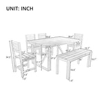 Table et chaises d'extérieur en bois d'acacia avec 4 chaises et un banc, salon de jardin 6 pièces adapté à une terrasse de 7 pièces
