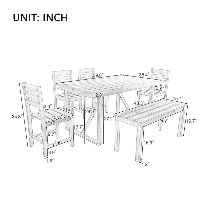 Table et chaises d'extérieur en bois d'acacia avec 4 chaises et un banc, salon de jardin 6 pièces adapté à une terrasse de 7 pièces