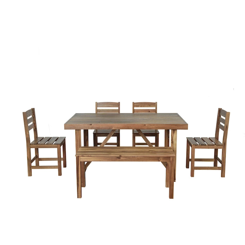 Table et chaises d'extérieur en bois d'acacia avec 4 chaises et un banc, salon de jardin 6 pièces adapté à une terrasse de 7 pièces
