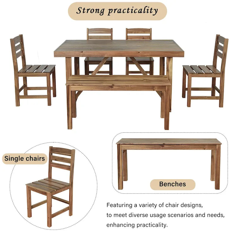 Table et chaises d'extérieur en bois d'acacia avec 4 chaises et un banc, salon de jardin 6 pièces adapté à une terrasse de 7 pièces