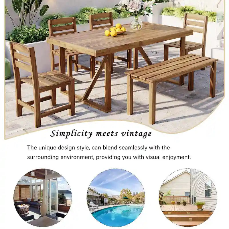 Table et chaises d'extérieur en bois d'acacia avec 4 chaises et un banc, salon de jardin 6 pièces adapté à une terrasse de 7 pièces