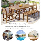 Table et chaises d'extérieur en bois d'acacia avec 4 chaises et un banc, salon de jardin 6 pièces adapté à une terrasse de 7 pièces