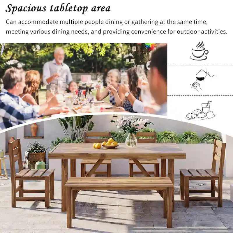 Table et chaises d'extérieur en bois d'acacia avec 4 chaises et un banc, salon de jardin 6 pièces adapté à une terrasse de 7 pièces