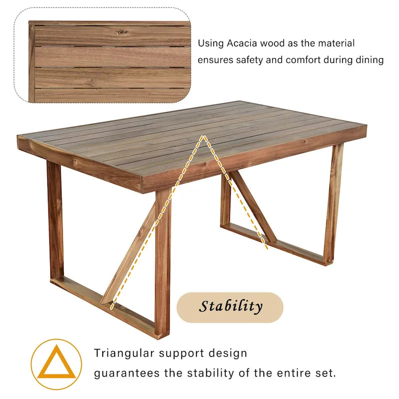 Table et chaises d'extérieur en bois d'acacia avec 4 chaises et un banc, salon de jardin 6 pièces adapté à une terrasse de 7 pièces