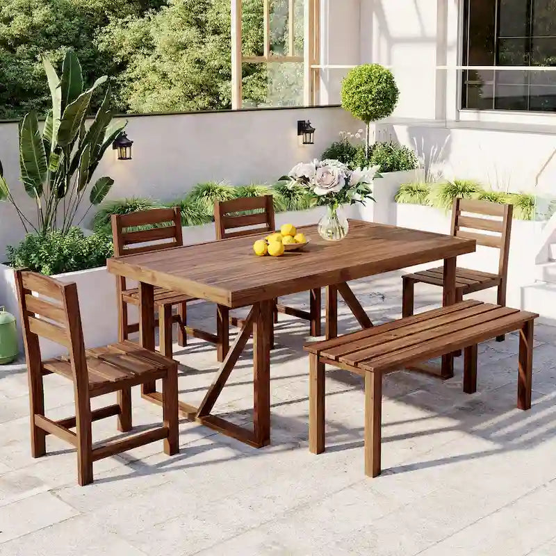 Table et chaises d'extérieur en bois d'acacia avec 4 chaises et un banc, salon de jardin 6 pièces adapté à une terrasse de 7 pièces