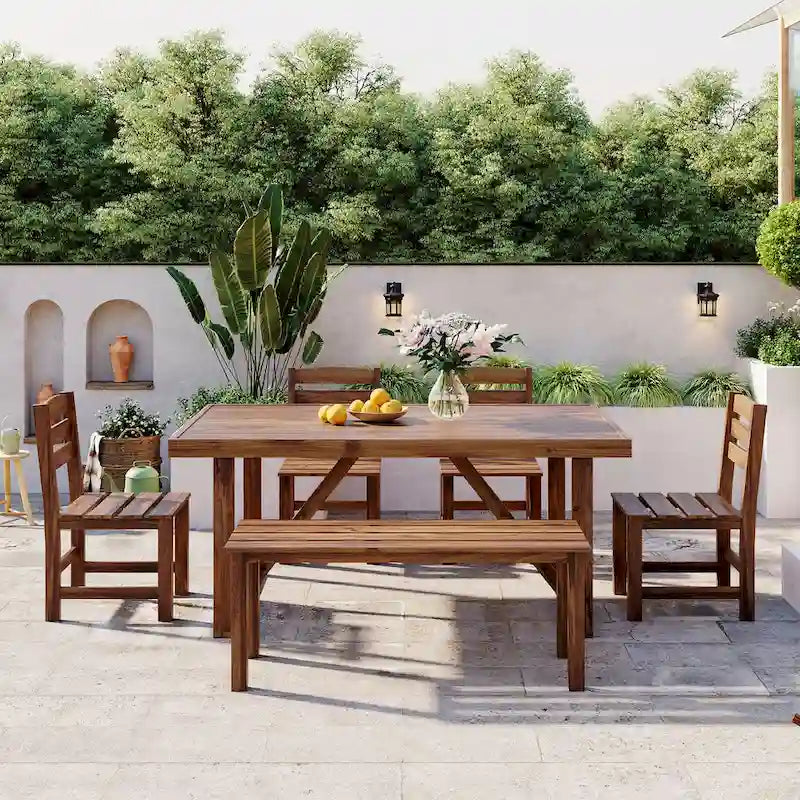 Table et chaises d'extérieur en bois d'acacia avec 4 chaises et un banc, salon de jardin 6 pièces adapté à une terrasse de 7 pièces