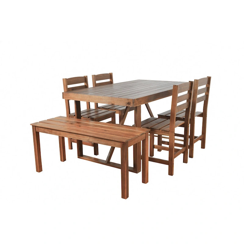 Table et chaises d'extérieur en bois d'acacia avec 4 chaises et un banc, salon de jardin 6 pièces adapté à une terrasse de 7 pièces