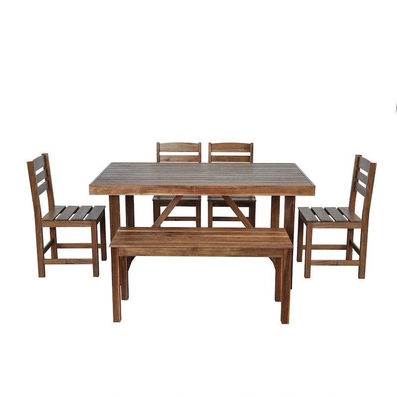 Table et chaises d'extérieur en bois d'acacia avec 4 chaises et un banc, salon de jardin 6 pièces adapté à une terrasse de 7 pièces